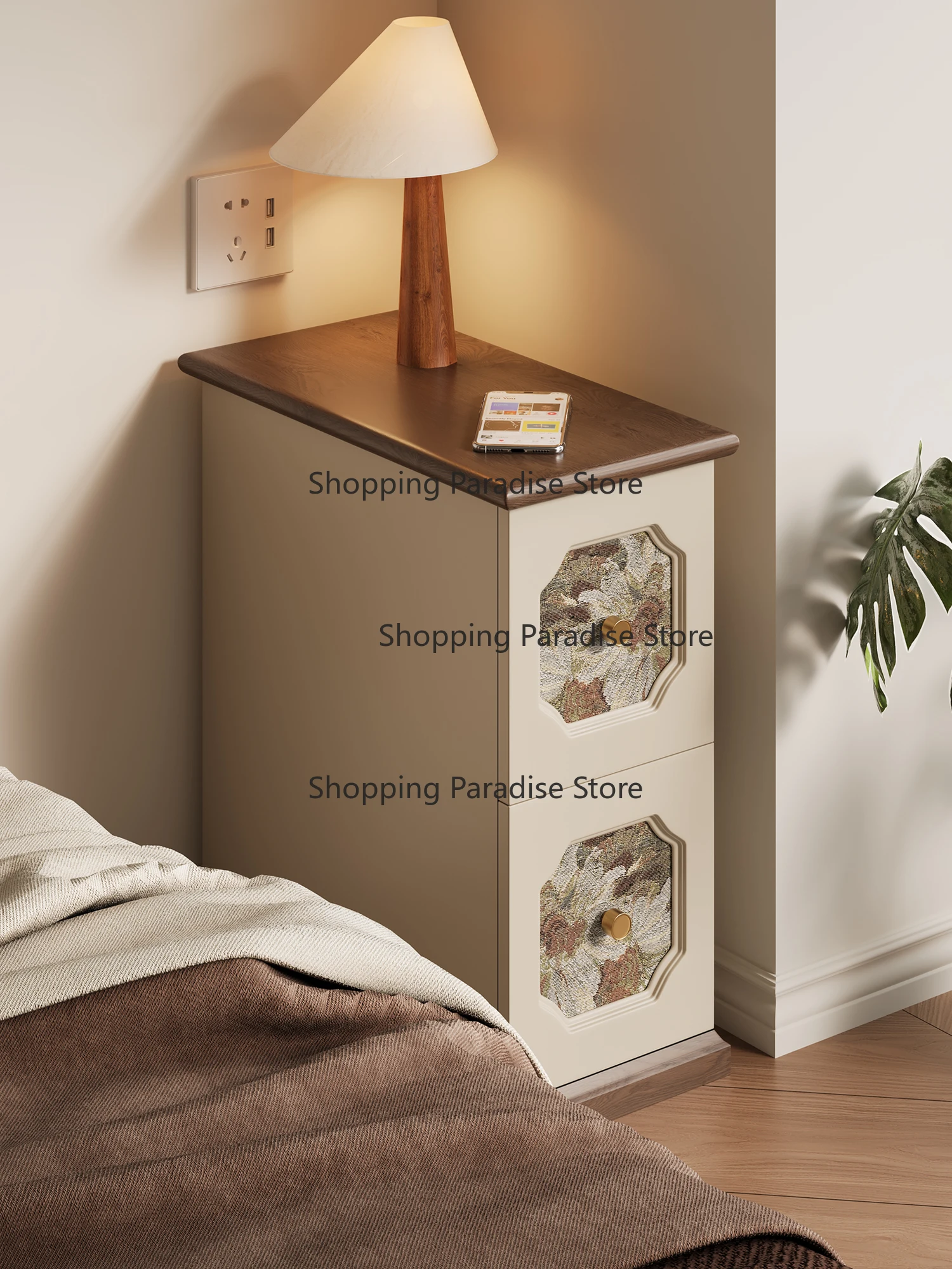 Retro Style Solid Wood Printing Bedside Narrow Small Locker Niches for Bedroom Classic Wooden Nightstand with Unique Design
