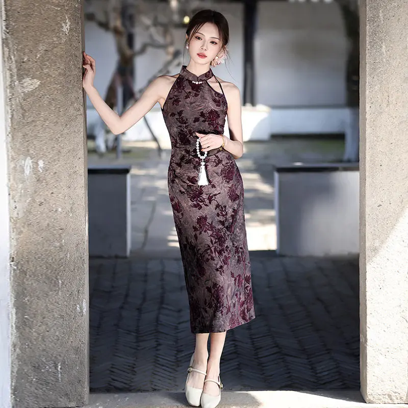 

Purple New Chinese style Hanging Neck Cheongsam Improved Young Style 2026 New Women's Daily Spring Summer Qipao Dress