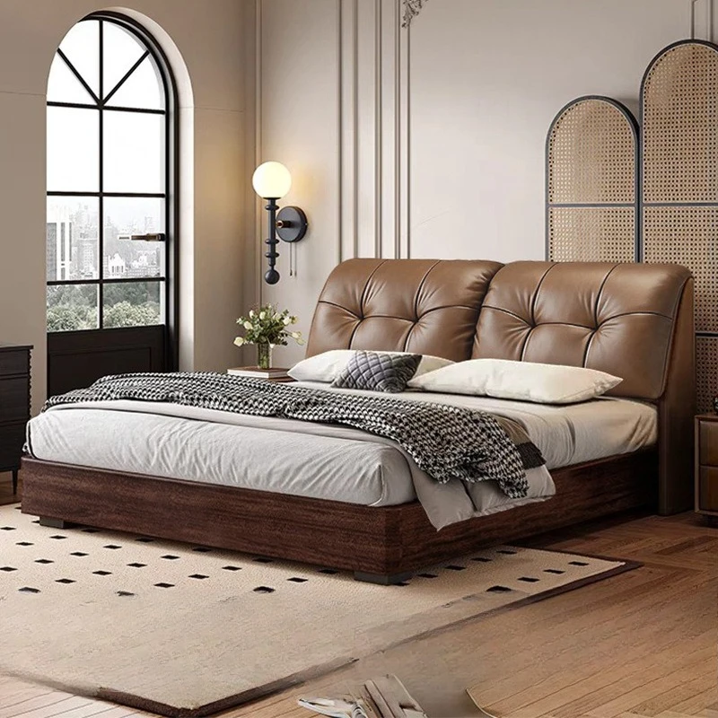 Retro style oak solid wood double bed first layer cowhide soft bag 1.8m genuine leather bed
