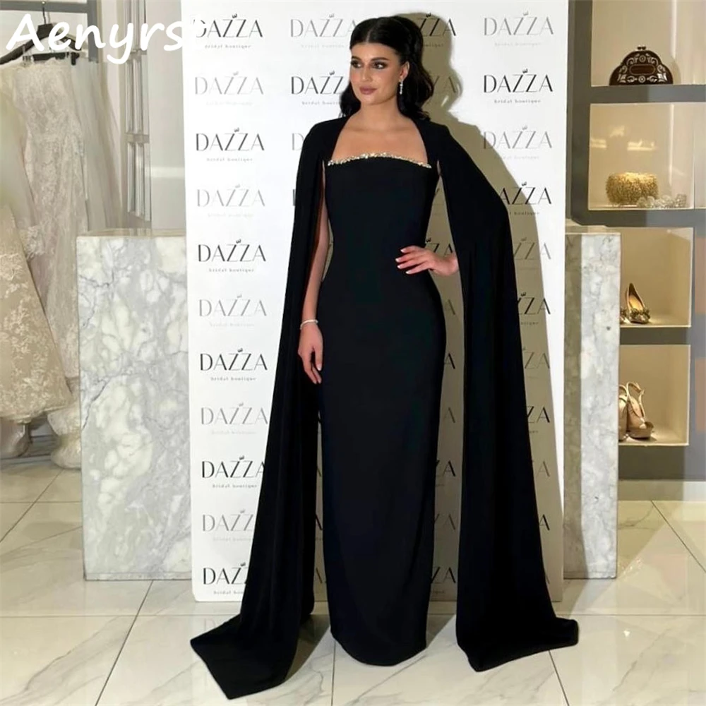 

Aenryst Black Long Cap Sleeves Satin Evening Dresses Mermaid Crystal Saudi Prom Dress Floor Length Dinner Party Gowns For Women