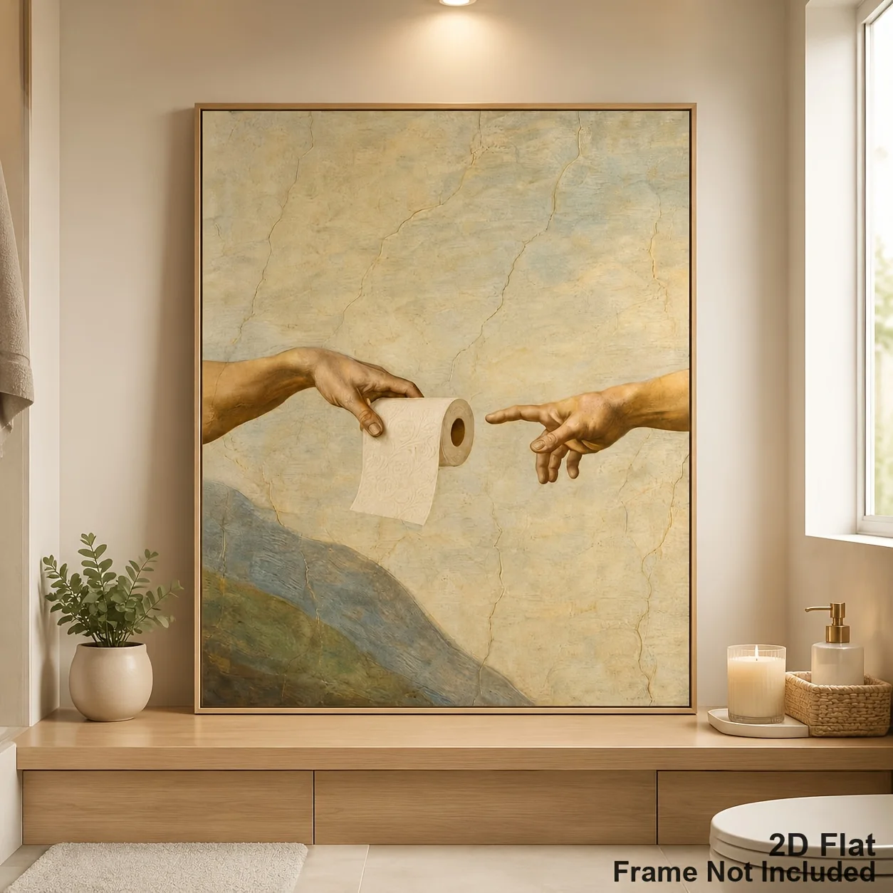 2D Flat, 2D Flat, Posters And Prints Unframed Canvas Wall Art Vintage Renaissance Hands Holding Toilet Paper Funny Bathroom W
