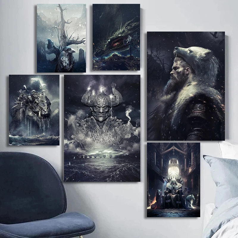 Abstract Norse Mythology Illustrated Warrior Wolf Cat Poster Print Canvas Painting Wall Art The Valkyrie of Odin Room Home Decor