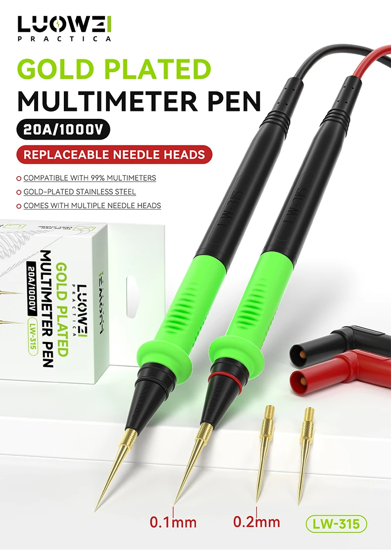 LUOWEI LW-315 Multimeter Probe 20A 1000V Gold Plated Multimeter Pen Interchangeable Head Dual Tester Probe For Electronic