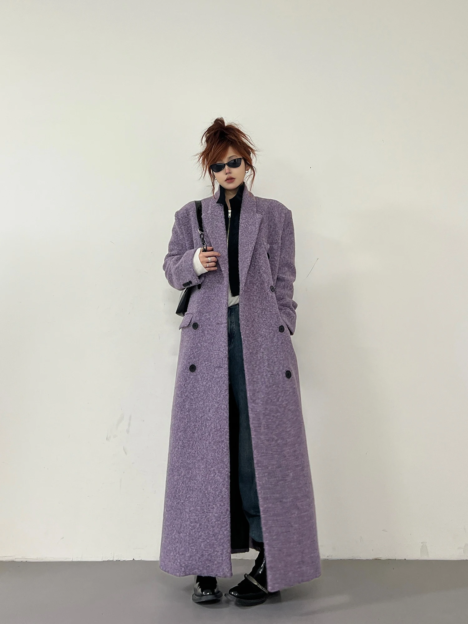 

SuperAen 2025 осень и зима новое фиолетовое шерстяное повседневное пальто в корейском стиле для женщин двубортное длинное пальто