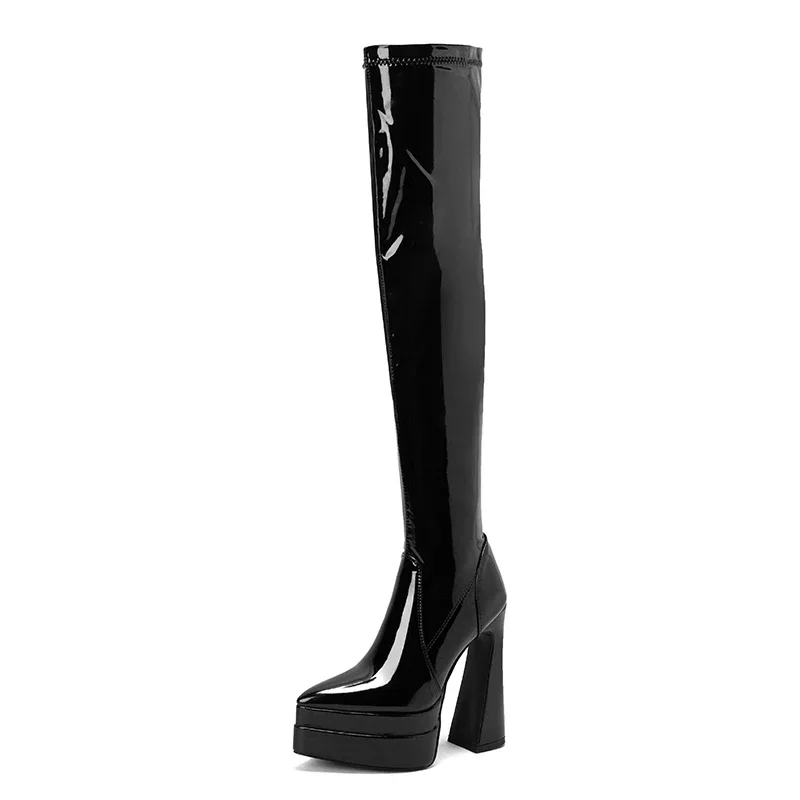 Over The Knee Boots Women White Black Pointed Toe Patent Leather Club Stiletto High Heels PlatformThigh High Stretch Boots B-16