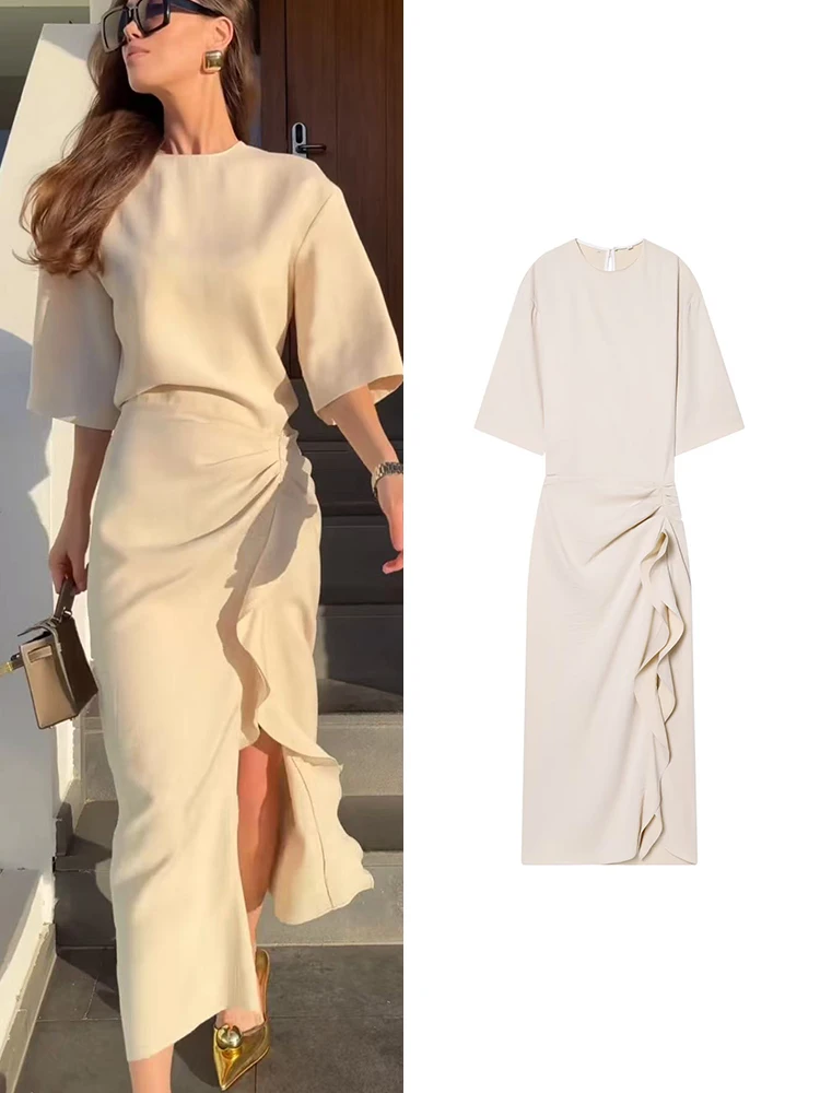 TFMLN Sommer Damen Midikleid Neue Mode O-Ausschnitt Plissiertes Kurzarm-Taillenkleid Lässiges Sexy Einfarbiges Elegantes Kleid Schickes Outfit