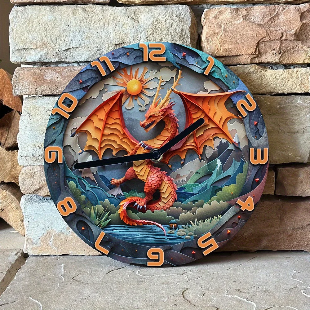 Silent Aluminum Wall Clock with Inferno Dragon Design - Perfect for Autumn & Thanksgiving Decor, Living Room Decoration