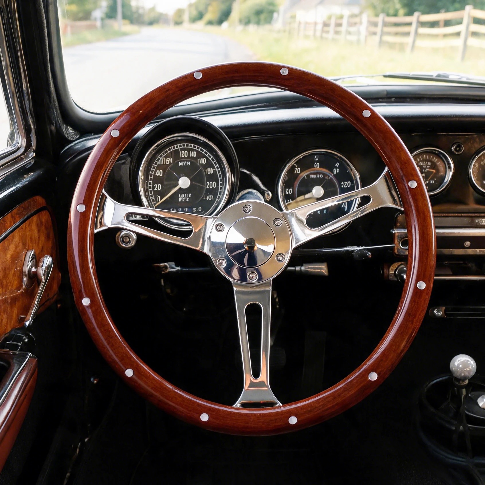 General 375mm Riveted Classic Wood Steering Wood Grain15inch With Horn Button Long Hole Chroming Spoke Car Racing Steering Wheel