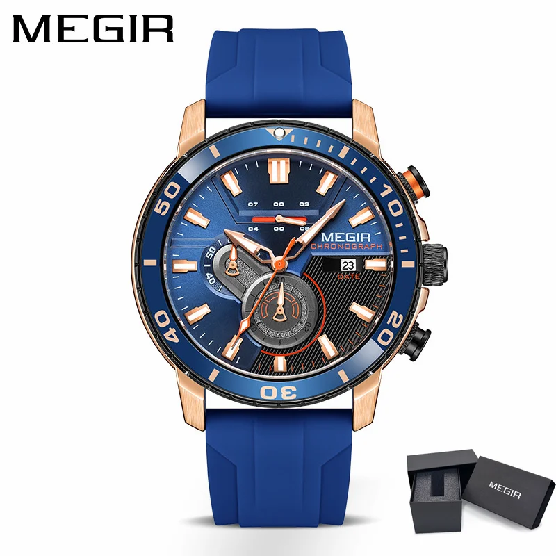 MEGIR 2224 Men Quartz Watch Sport Fashion Creative Cool Orange Silicone Strap Chronograph Luminous Date Wristwatch for Male
