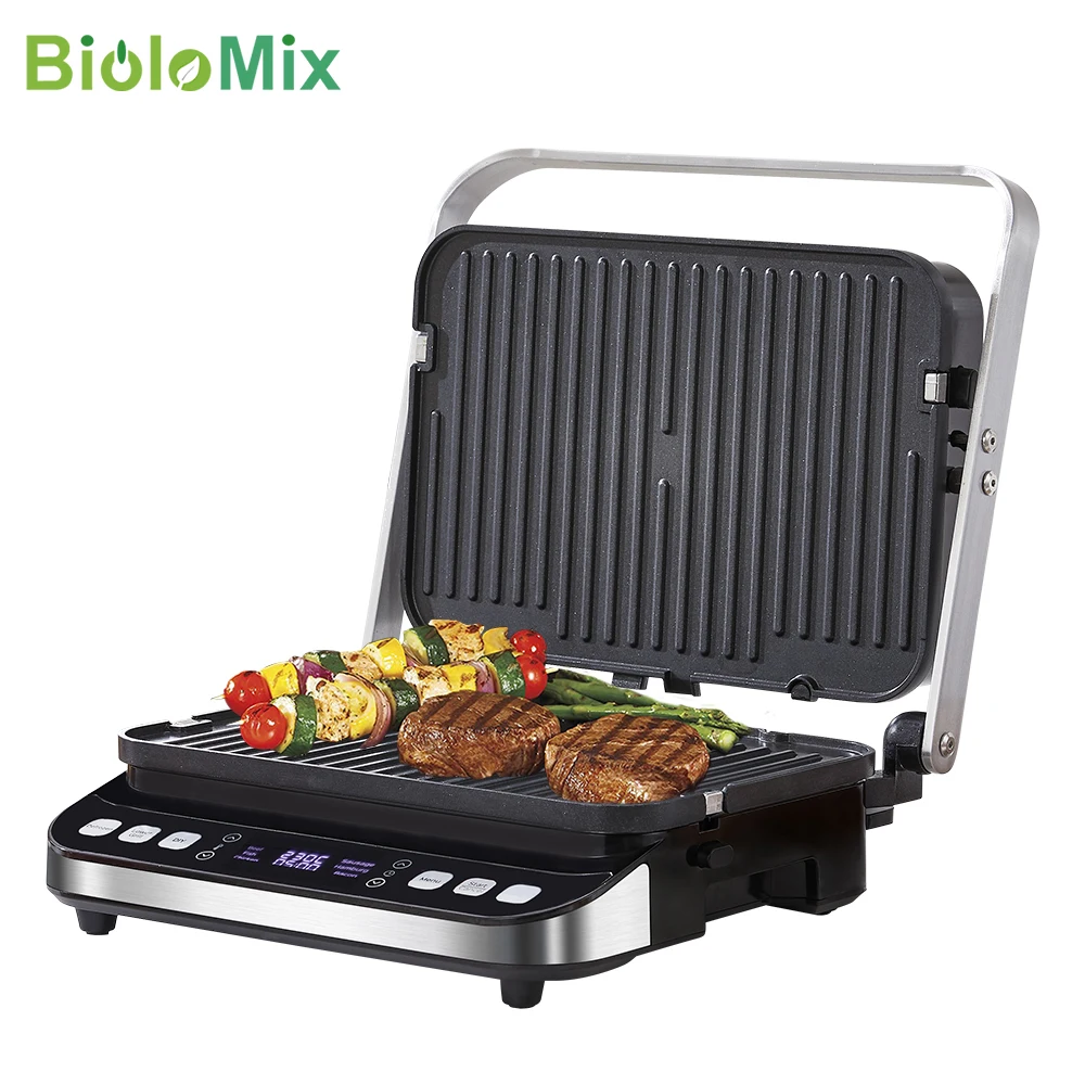 Biolomix 2000W Electric Contact Grill, Digital Iron and Panini Press, Optional Waffle Maker Plates, 180 Degree Barbecue Open