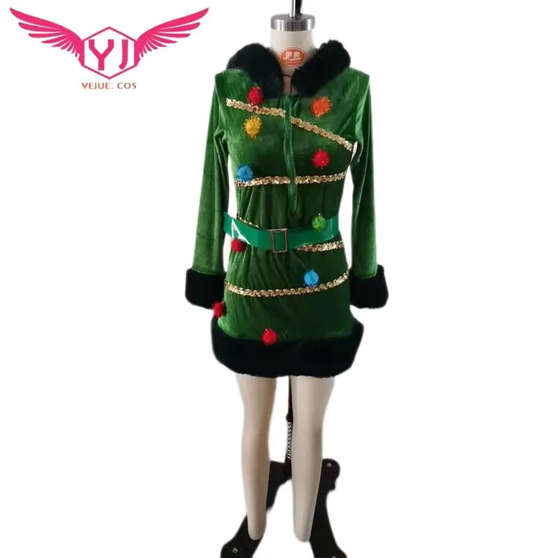 New Years Christmas Tree Dress Cosplay Costume Hooded Long Sleeves Santa Uniform Corduroy Xmas Role Play Holiday Party Clothes