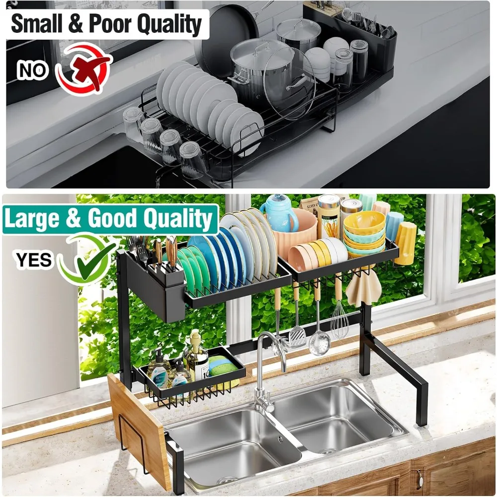 Estante de secado de platos sobre el fregadero, 2 niveles, para todos los fregaderos (24,8 "-35,4"), estante de fregadero de gran capacidad expandible, estante de secado de Metal para K