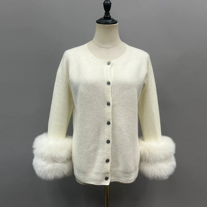 

Women's Winter Sweater with Fox Fur Cuff, Lady Fashion Cardigan, 100% Wool, Soft Warm Pullover Cardigan