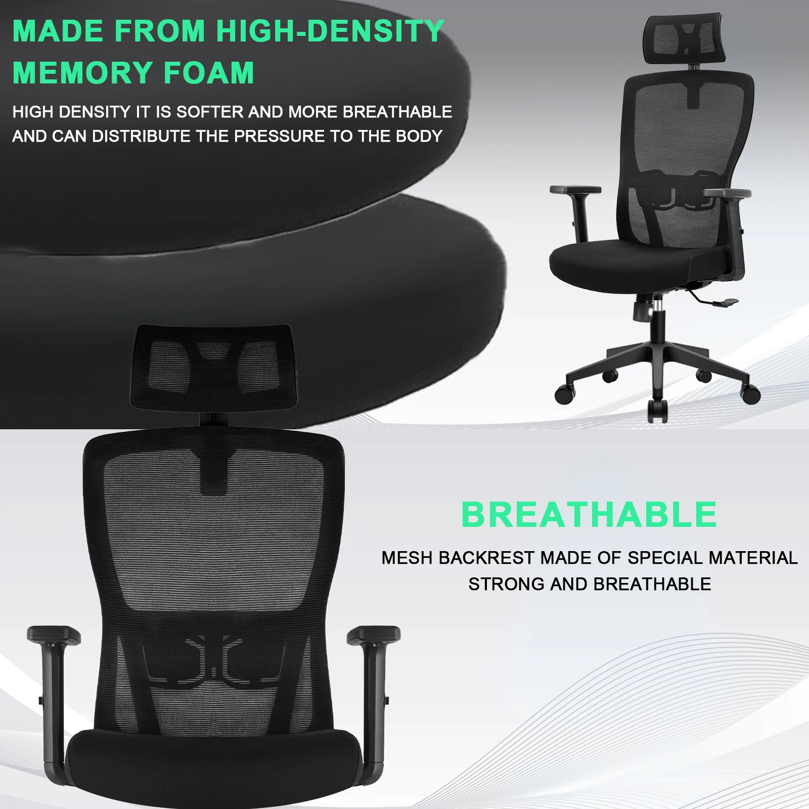 Durrafy Ergonomischer Bürostuhl, Schreibtischstuhl mit verstellbarer Kopfstütze, Armlehnen und Lendenwirbelstütze, drehbare Netzstühle, Schwarz – Detail 3