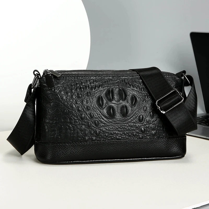 new Men's genuine leather shoulder bags cowhide crossbody bags double zipper Crocodile patterned men bags bolsos para hombre 가방