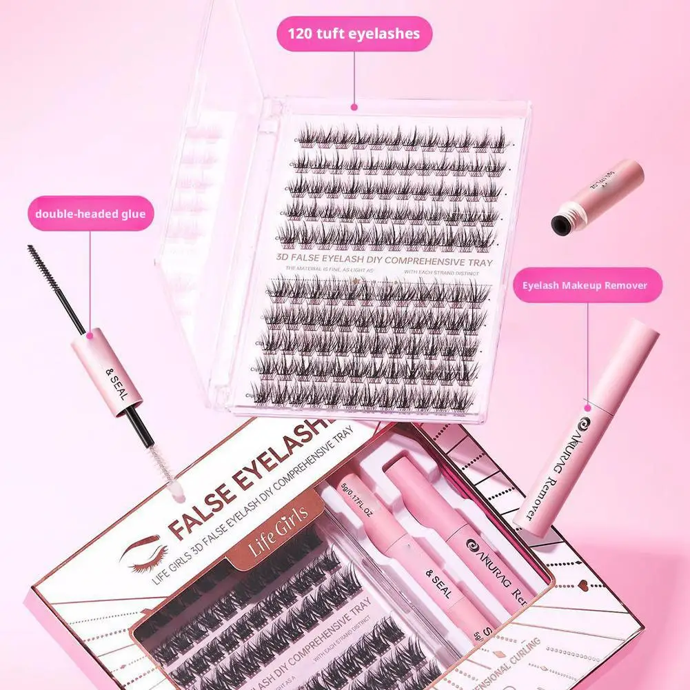 False Eyelash Kit DIY Grafting Single Cluster Dense Nature Lash Extension Kit Lashes Bond Glue & Remover Tweezer Lashes Eyelash