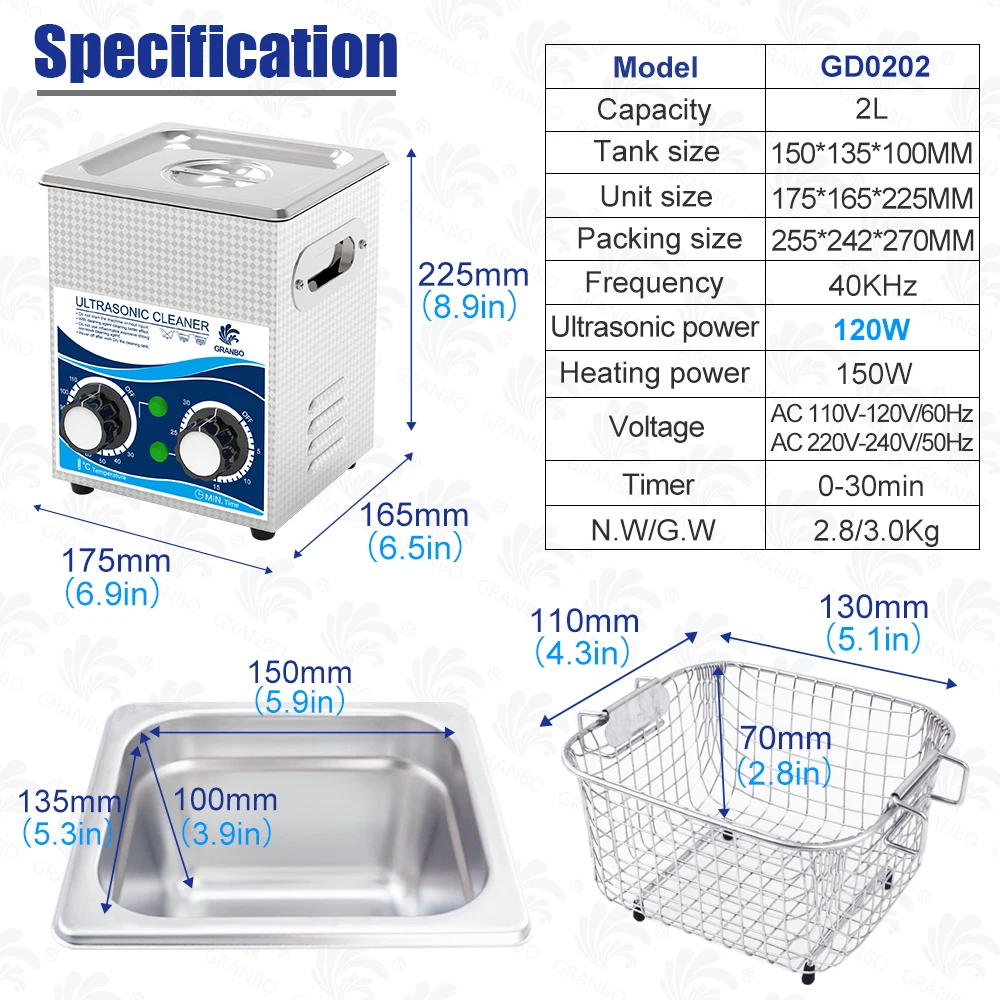 Granbo 2L 120W áram SUS304 Bani 40khz 80℃ Bemelegítés Időmegállapítás 30mins Ultrahangi tisztább számára kicsi objects