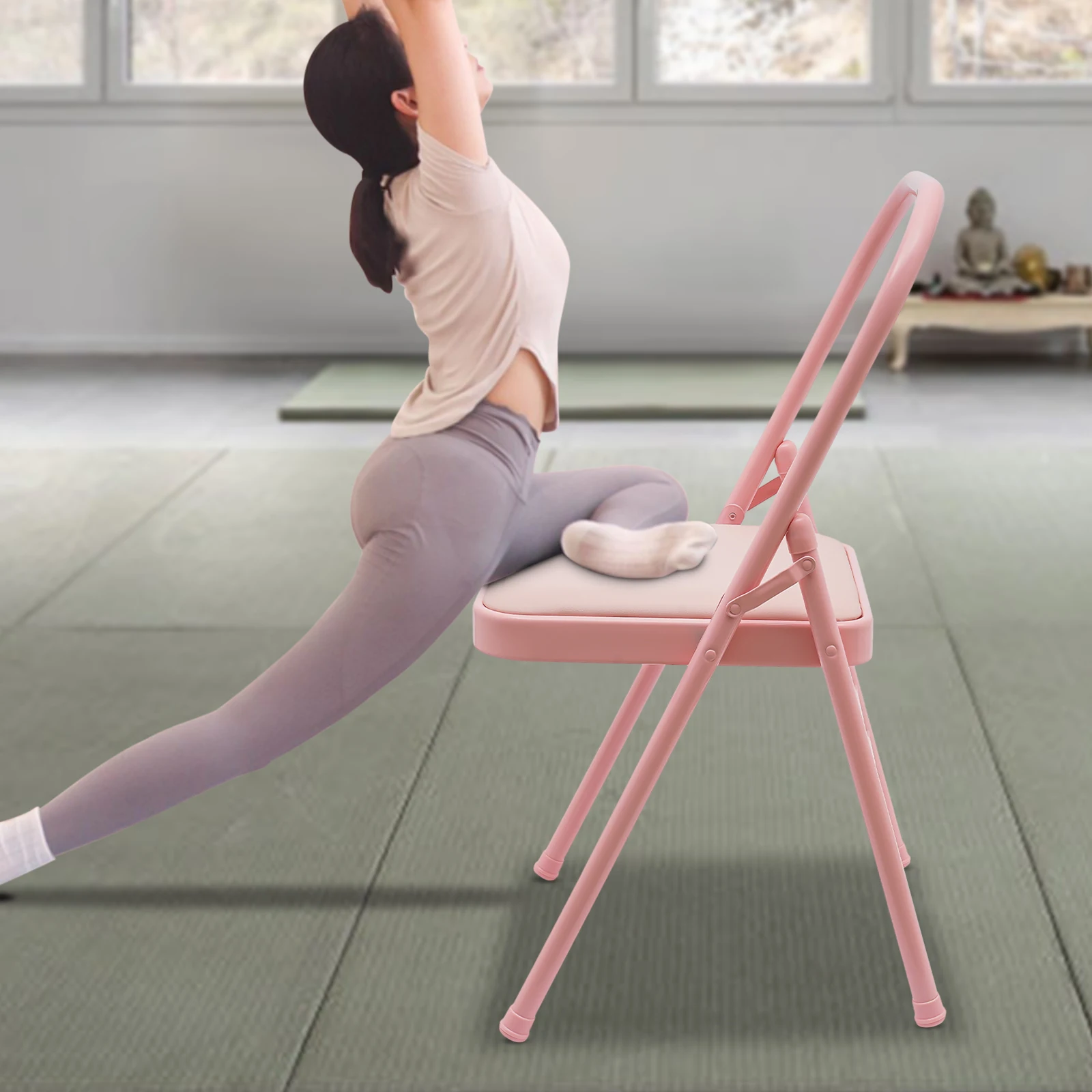 

(Pink) Foldable Yoga Auxiliary Chair, Yoga Chair with Lumbar Back Support Handstand Bench, Yoga Exercise Strength Training Chair