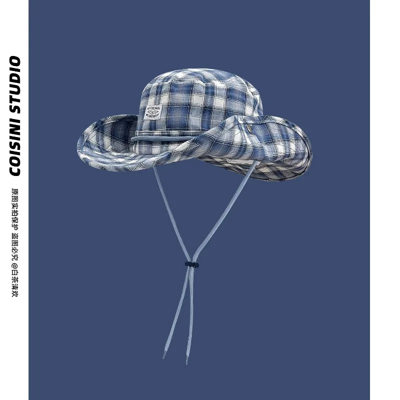 Korean Niche Plaid Label Design Big Eaves Lady Bucket Hat Summer Outdoor Shading Lace-up Camping Mountaineering Sun Cap for Men