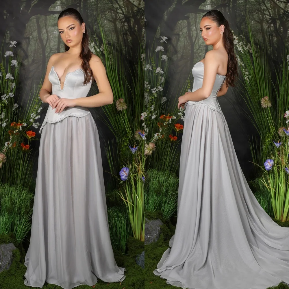 

Customized Sexy Intricate Beading Sequined Chiffon Pleat Draped A-line Strapless Long Dresses Bespoke Occasion Dresses Classic