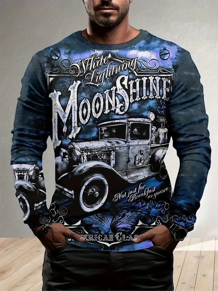 Men's Moonshine Long Sleeve T-Shirt White Lightning American Classic Truck Graphic Tee Pullover Tops Gift Blue Retro Hot