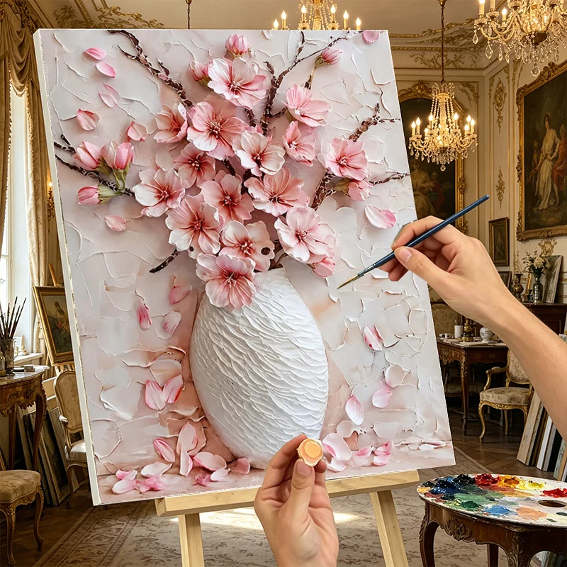 Professional art use 1 Set 3D Texture Pink Cherry Blossom Vase Pattern Digital Painting Kit Art Gift Adult Number Painting Kit P