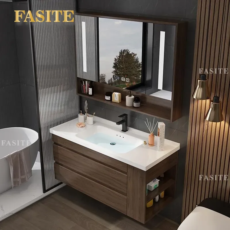 For New Chinese Style Solid Wood Bathroom Vanity with Ceramic Basin Smart Mirror Cabinet Modern Washstand Combo Storage