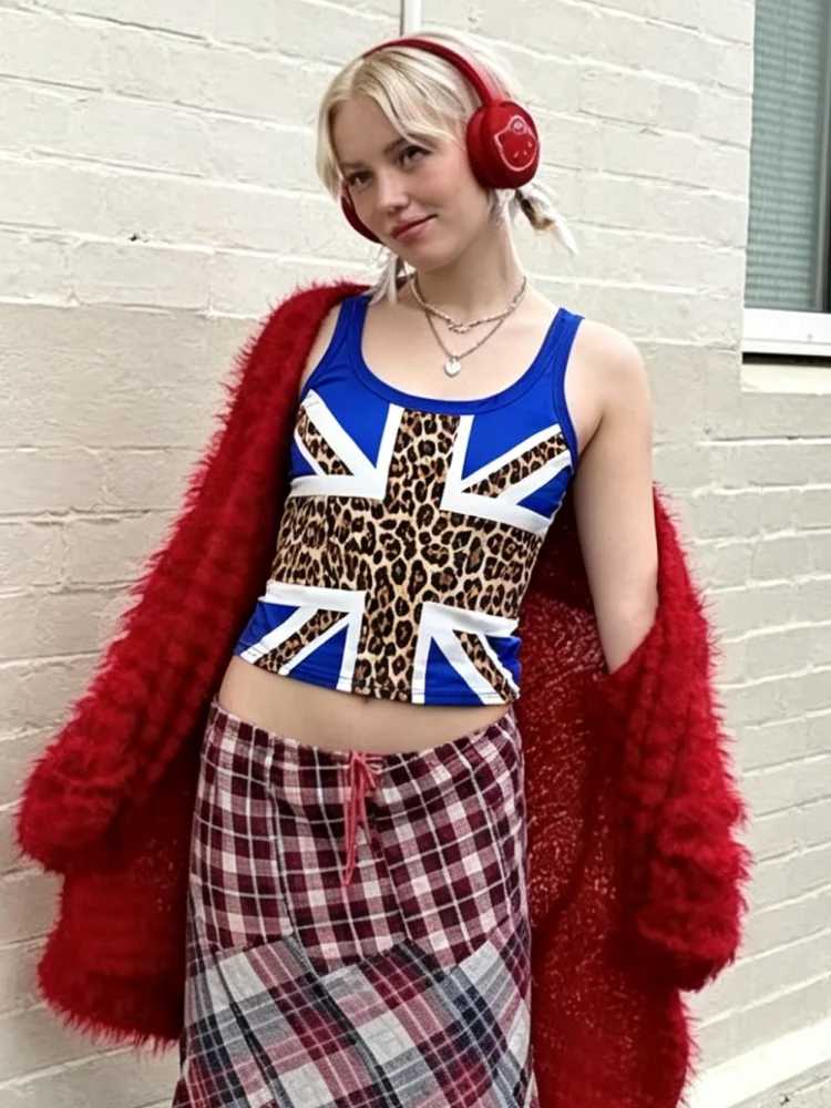 Blue Union Jack Leopard Print Patch U Neck Crop Tank Top Retro British Slim Sleeveless Hot Girl Camisole