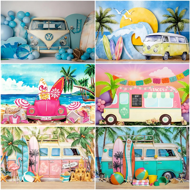 

LS Summer Motor Home With Ice Cream Beverage Resort Backdrops Kids Baby Photography Child Adult Photocall Palm Trees Backgrounds