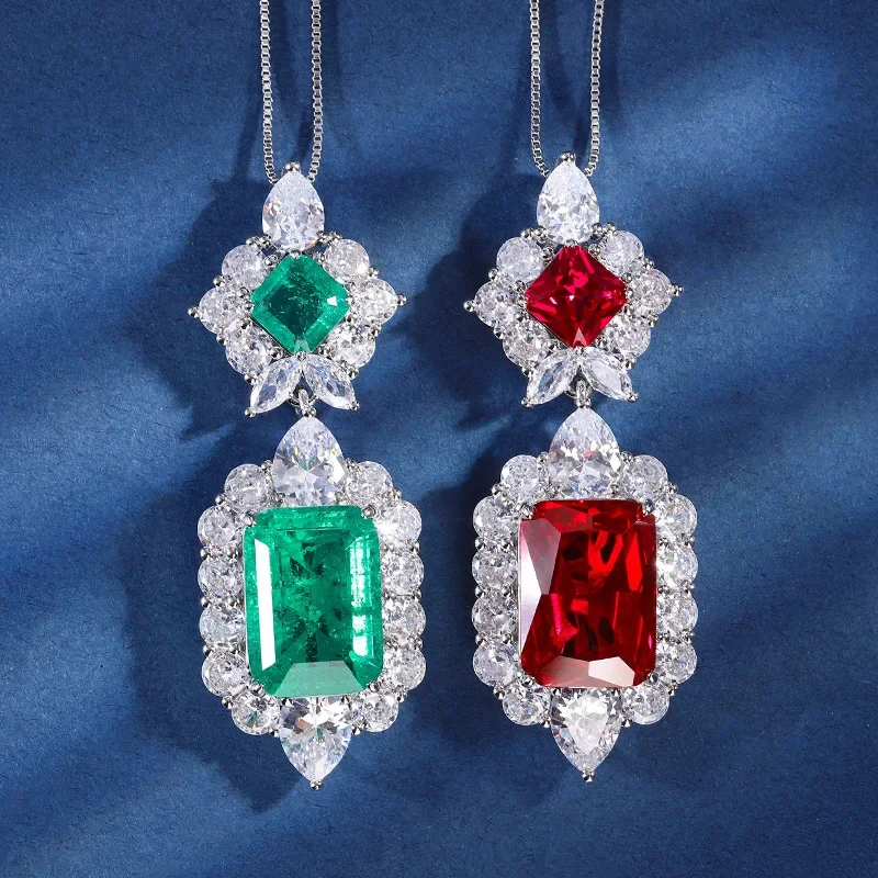 18K Gold PT950 Platinum Emerald Red Corundum Square Light Luxury Pendant Necklace for Women 13*18-8*