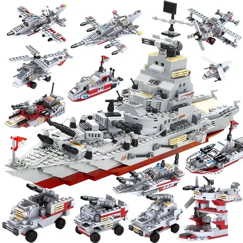 New Military Navy War Chariot Ship Army Boat Plane Model Warships Building Blocks Construction Set Toys For Children Boy Gifts