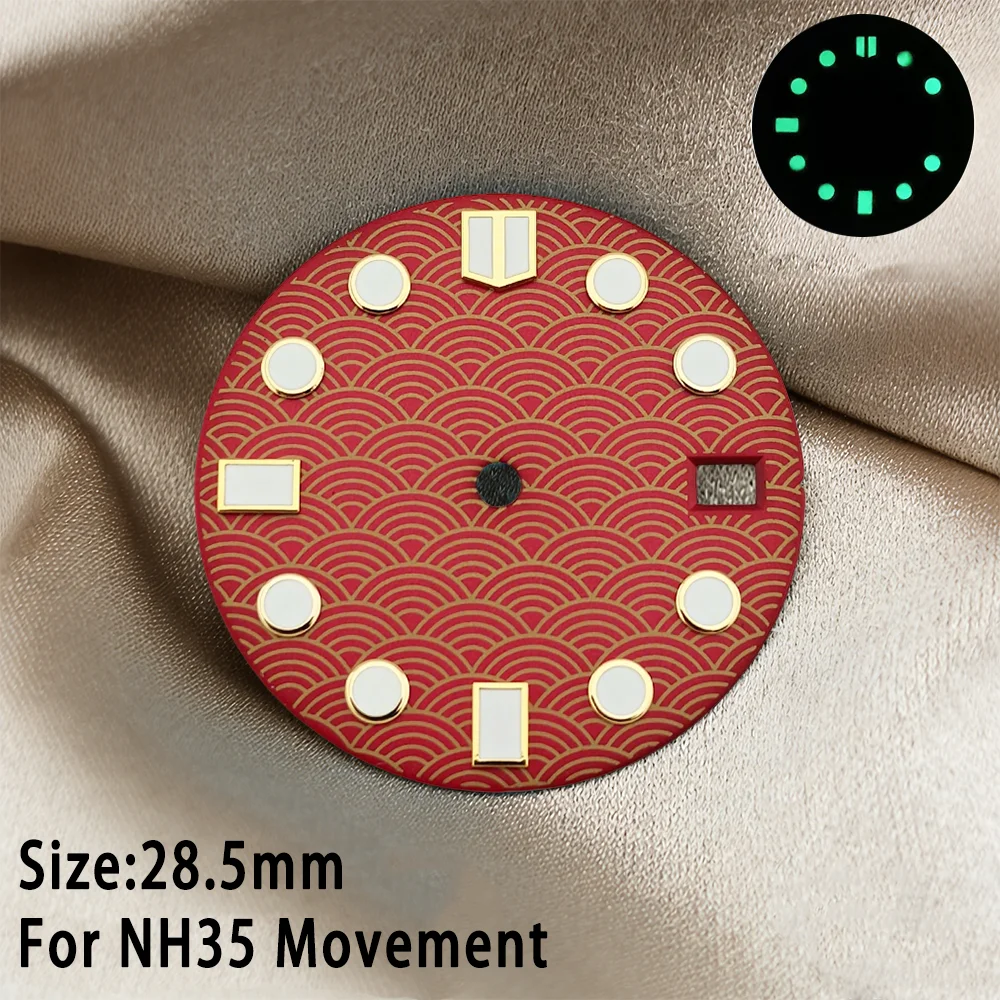 Dial 28.5mm Fish Scale Pattern For NH35/36 Movement Single Calendar Dial Green Luminous Watch Accessories Replace Part Oil Press