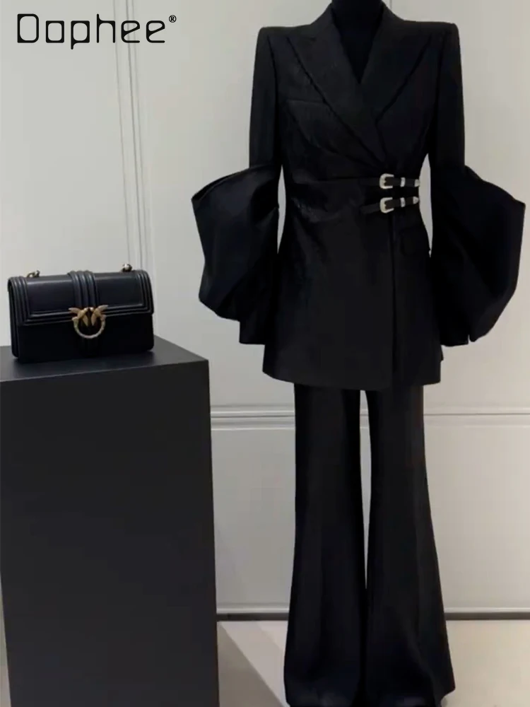 Spring 2024 Women Blazers Outfit High-Grade Belted Buttoned Long Lantern Sleeve Black Coat Woman Bell-Bottom Pants 2 Pcs Suit