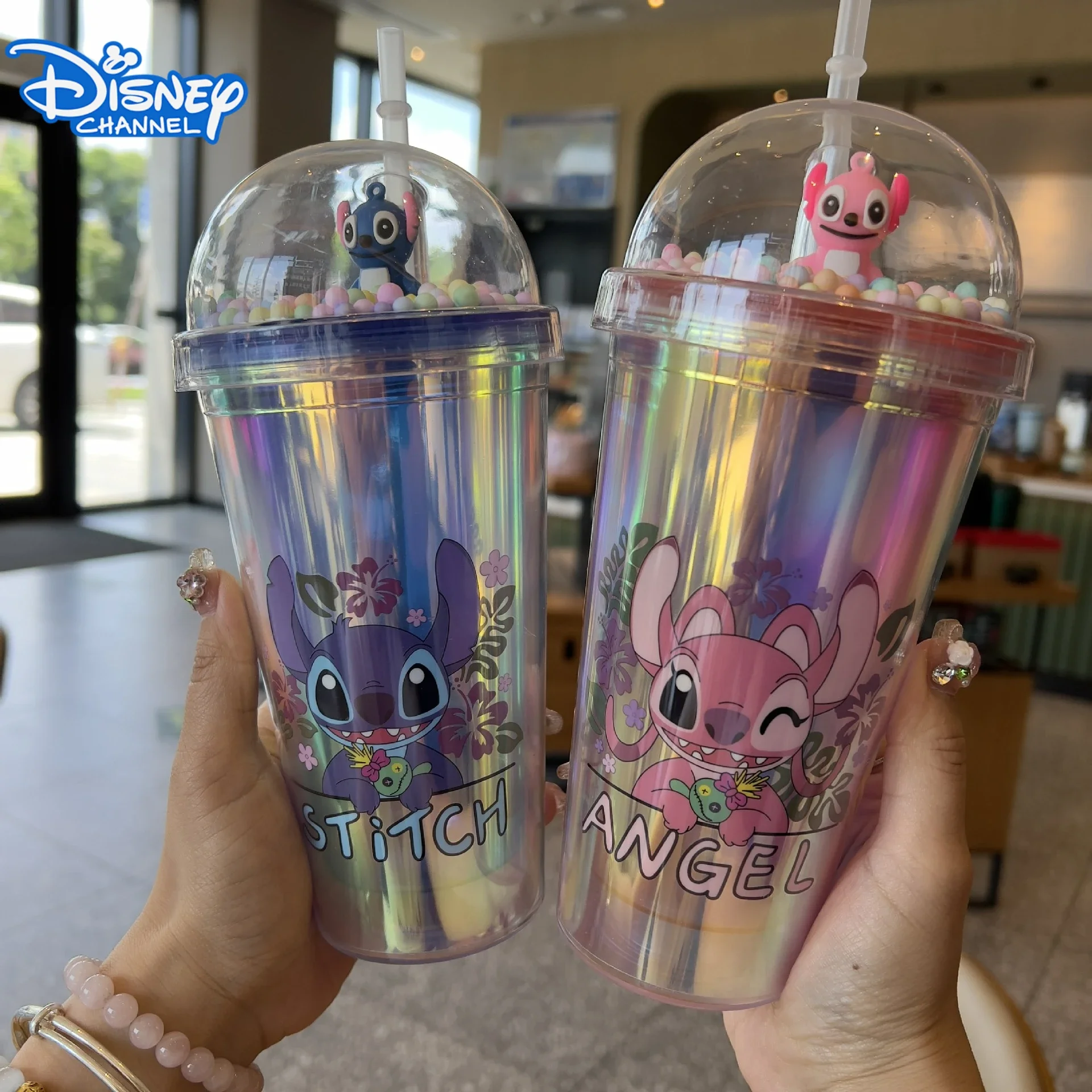 2024 New Disney Stitch Bright Laser Plastic Cup Cartoon Cute Double-deck Straw Cup High Level Summer Laser Water Bottle Kid Gift