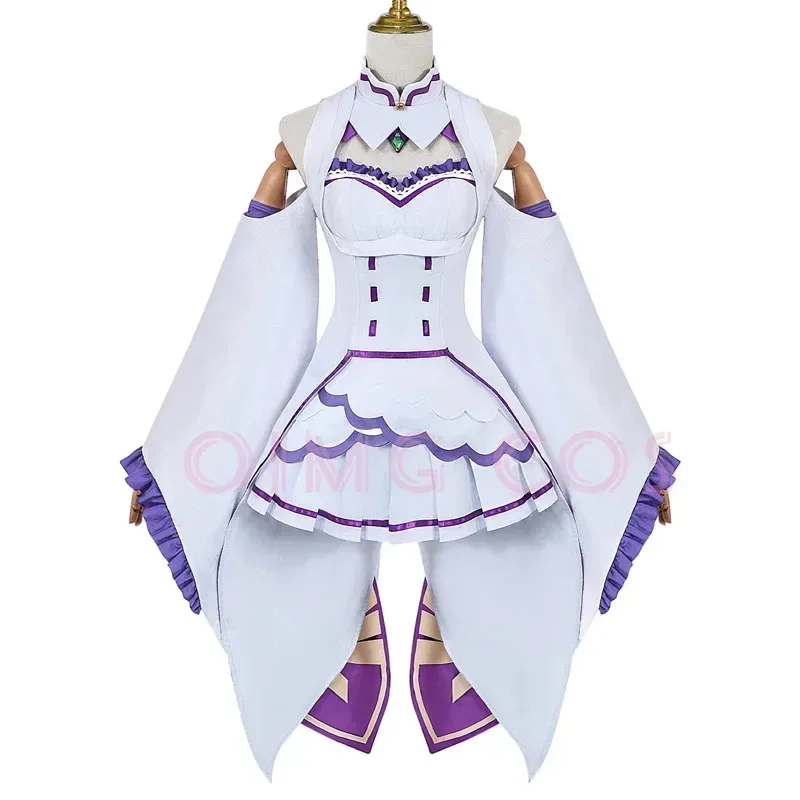 Re Zero Kara Hajimeru Isekai Seikatsu Emilia Cosplay Costumes Women Dress with  for Headdress Halloween Party