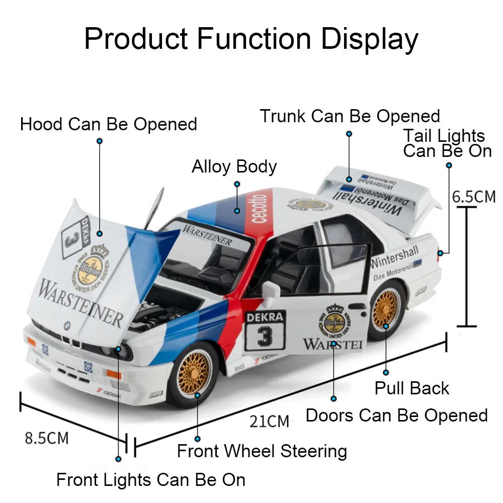 Escala 1:24 GTR-R34 M3 modelo de carro esportivo brinquedo absorção de choque puxar para trás supercar corpo de metal modelos de luz sonora presentes para crianças