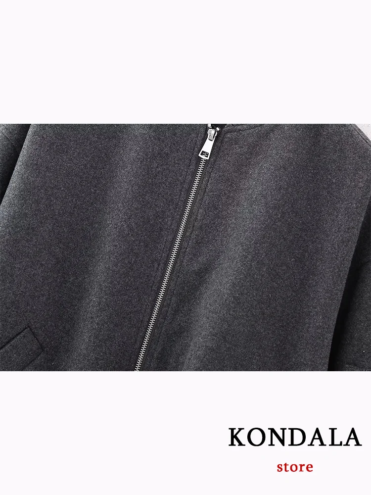 KONDALA Vintage Chic Women Bomber Jackets Solid Zippers V-Neck Warm Coats New Fashion 2023 Autumn Winter Female Jackets Outwears