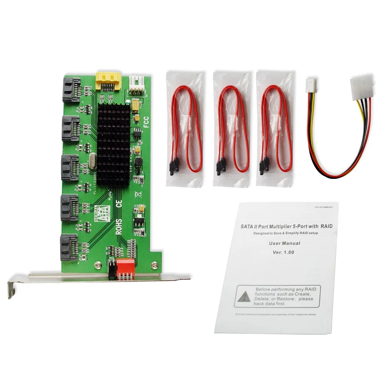 Raid Controller 1 to 5 Port SATA 2.0 RAID Card Support SATA HDD RAID 0/1/5/10 SATA Port Multiplier Bracket Mount Easy Dip Switch