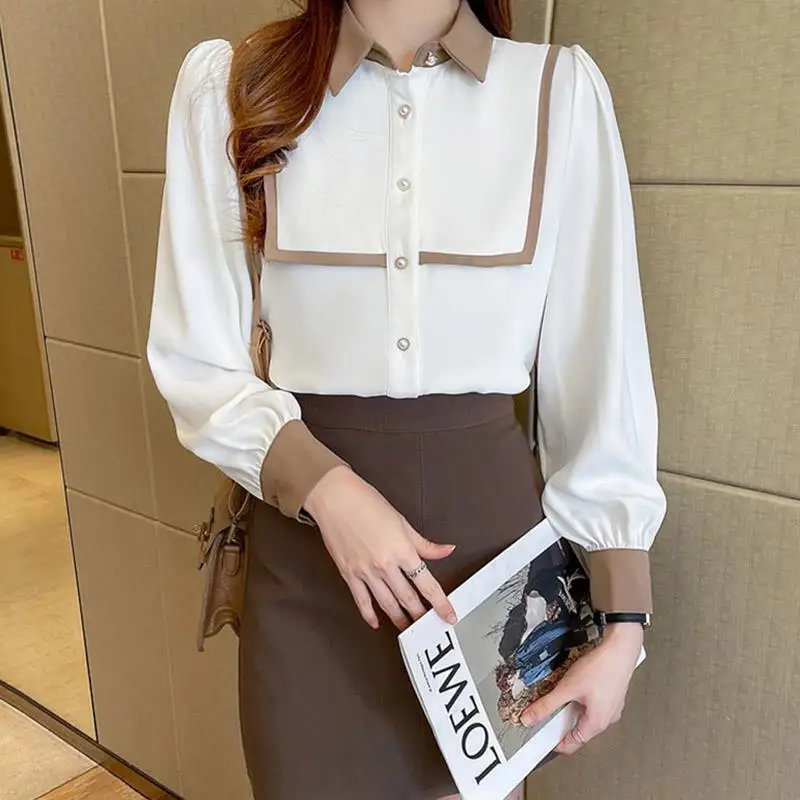 Color Blocked Polo Collar Shirt Women's New Korean Version Loose and Slimming Shirt Temperament Lantern Sleeve Top