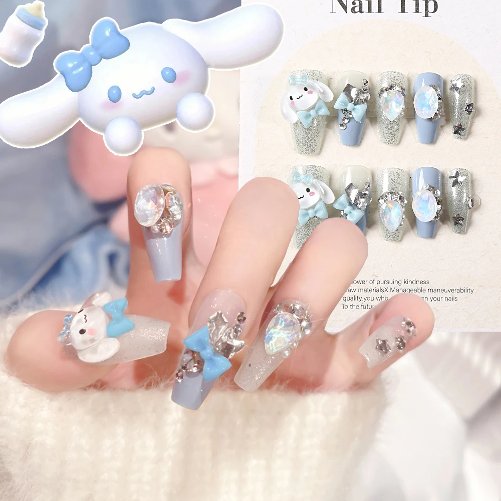 24 unidades Cinnamoroll Azul ‌   Bowknot unhas falsas grandes strass y2k pentagrama japonês imprensa em unhas prata glitter unhas decorati