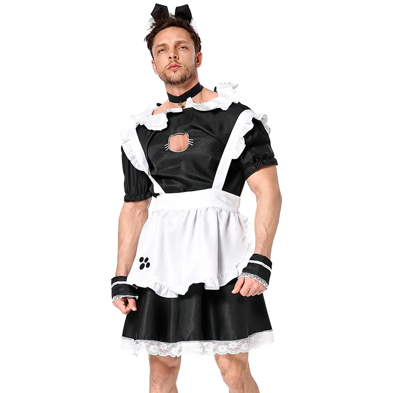 Men\'s Short Sleeve Satin French Maid Uniform Crossdressing Sissy Lingerie Fancy Dress Japanese Anime Cat Maid Outfits for Men