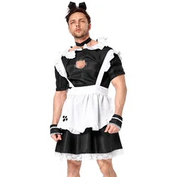 Men's Short Sleeve Satin French Maid Uniform Crossdressing Sissy Lingerie Fancy Dress Japanese Anime Cat Maid Outfits for Men