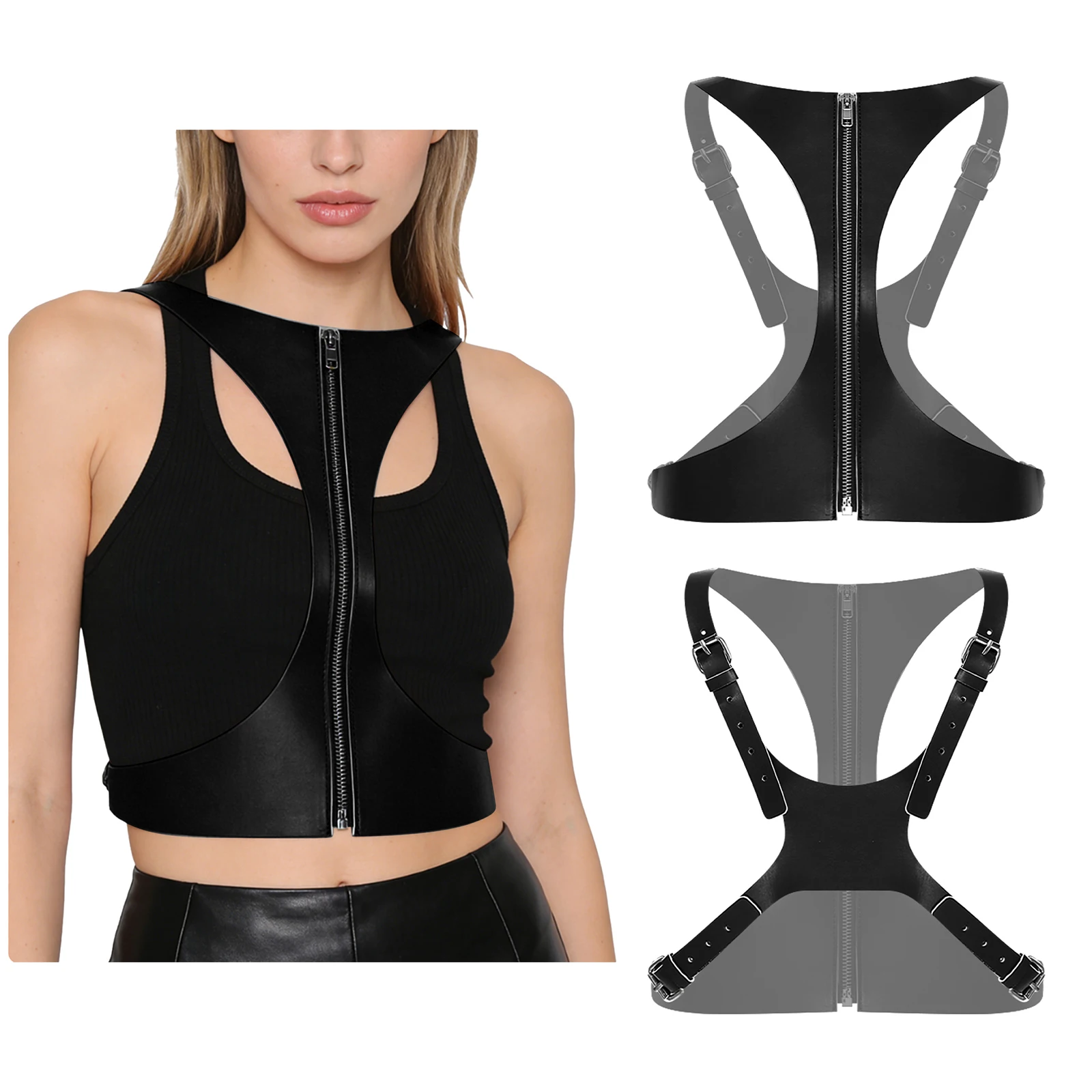 

Укороченные топы из искусственной кожи на груди, женские регулируемые ремни, жилет без чашек с вырезом, топ для ночного клуба, Rave Party, аксессуары для музыкальных танцев, топы