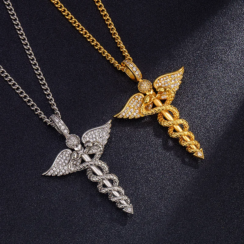 LENNIK Colar de Zircão com Asas de Anjo, Cetro de Ano de Cobra Completa de Diamante Cobra Dupla, Pingente Unissex, Diário/Escritório Versátil