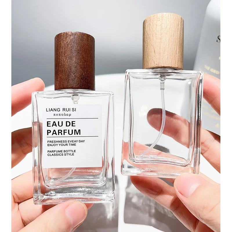 30 ml 50 ml Nachfüllbare Kosmetikbehälter Parfüm Leeres Glas Tragbare Reise Flache Quadratische Sprühflasche Ersatz Holzdeckel – Detail 7