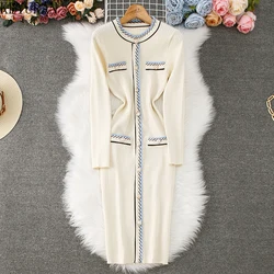 2024 Autumn Winter Elegant Midi Dress Women's Vintage Long Sleeve Single Breasted Striped Slim Knitted Dresses Vestidos De Mujer