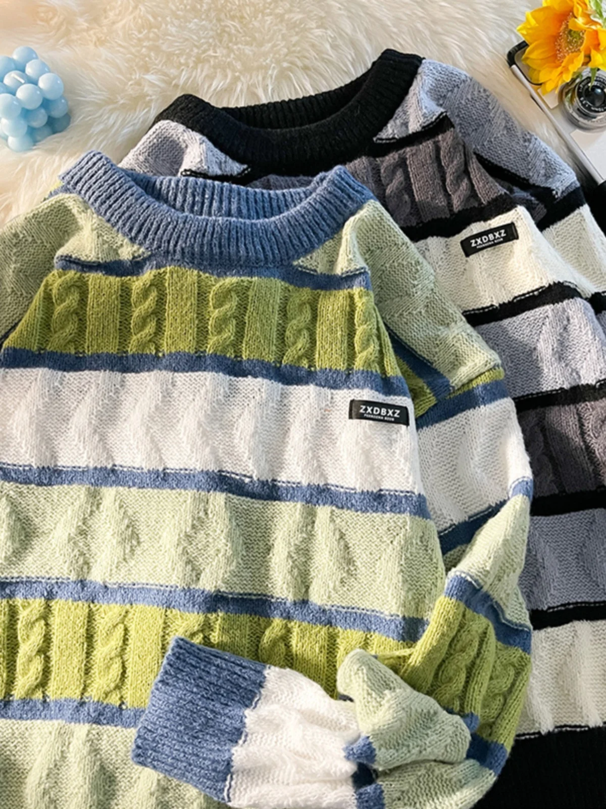 

Зимний утепленный мужской вязаный свитер с круглым вырезом, в полоску, с цветовыми блоками, в корейском стиле, модный, универсальный, в стиле INS, с длинными рукавами, шерстяной