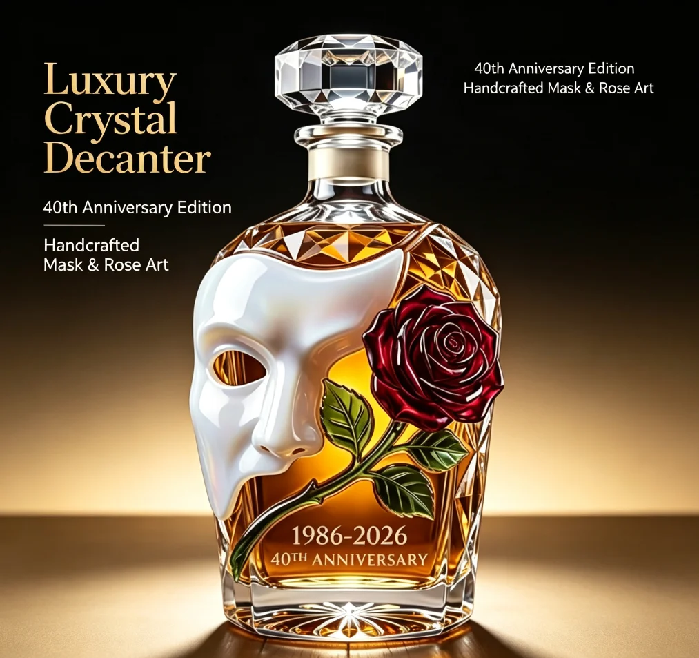 Diamond Cut Crystal Beverage Decanter Enamel Mask Rose Motif, Premium Glass Liquor Container for Hotel Mini Bar, Fits Whisky