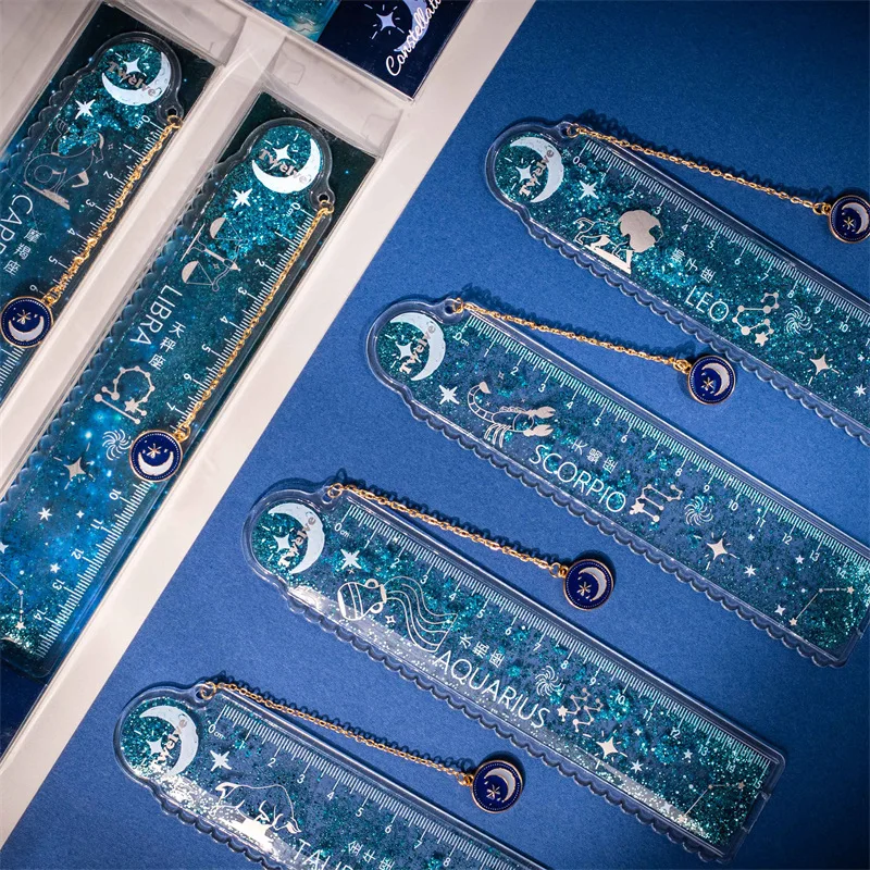 1pcs Constellation Galaxy Ruler 15cm Bookmark Pendant Type Straight & Wave Line Office School Gift F7352