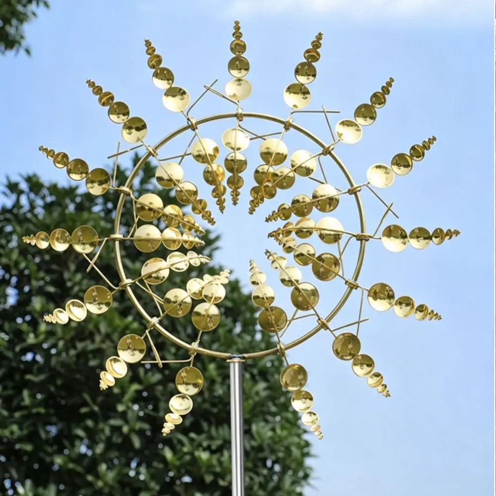 Wind Powered Metal Windmill Ground Mounted Rust Resistant Windmill Rotating Double Leaf Rotating Kinetic Sculpture Yard Decor